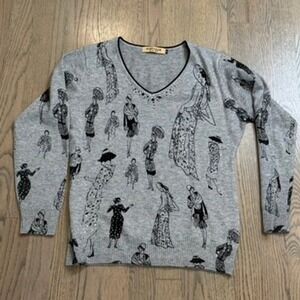 Vintage Style Kemp Deer Sweater Top Gray Black Ladies Print V Neck Fashion 110
